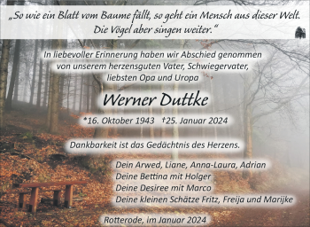 Traueranzeige von Werner Duttke von Südthüringer Presse