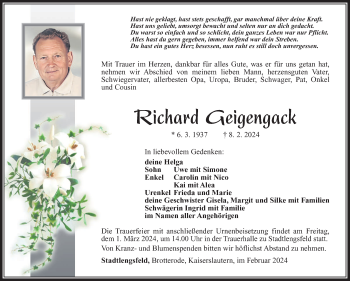 Traueranzeige von Richard Geigengack von Südthüringer Presse