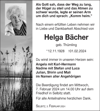 Traueranzeige von Helga Bächer von Frankenpost