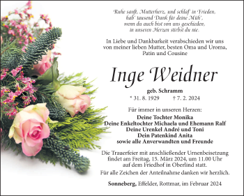Traueranzeige von Inge Weidner von Südthüringer Presse