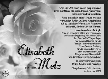 Traueranzeige von Elisabeth Metz von Südthüringer Presse