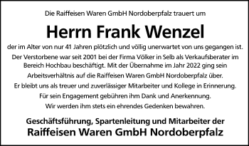 Traueranzeige von Frank Wenzel von Frankenpost