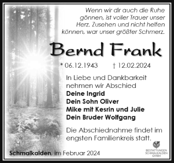 Traueranzeige von Bernd Frank von Südthüringer Presse