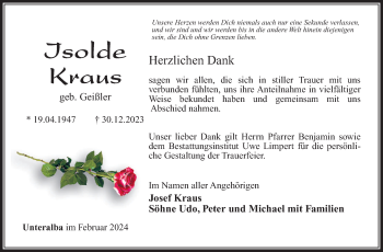 Traueranzeige von Isolde Kraus von Südthüringer Presse
