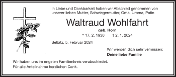 Traueranzeige von Waltraud Wohlfahrt von Frankenpost