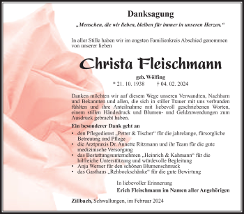 Traueranzeige von Christa Fleischmann von Südthüringer Presse
