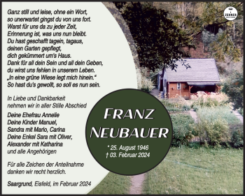 Traueranzeige von Franz Neubauer von Südthüringer Presse