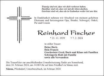 Traueranzeige von Reinhard Fischer von Südthüringer Presse