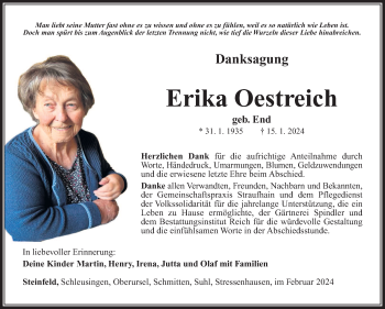 Traueranzeige von Erika Oestreich von Südthüringer Presse