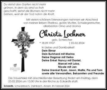Traueranzeige von Christa Lochner von Südthüringer Presse
