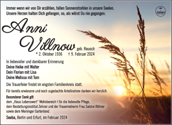 Traueranzeige von Anni Villnow von Südthüringer Presse