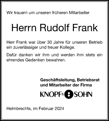 Traueranzeige von Rudolf Frank von Frankenpost