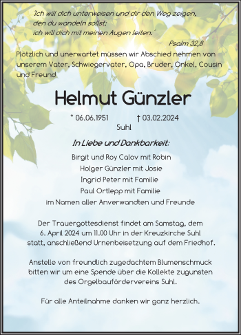Traueranzeige von Helmut Günzler von Südthüringer Presse