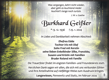 Traueranzeige von Burkhard Geißler von Südthüringer Presse