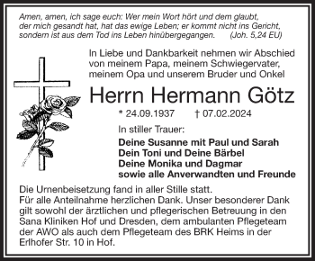 Traueranzeige von Hermann Götz von Frankenpost
