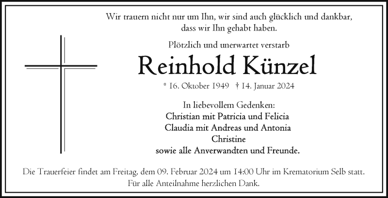  Traueranzeige für Reinhold Künzel vom 05.02.2024 aus Frankenpost