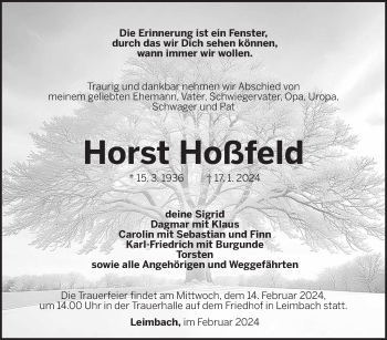 Traueranzeige von Horst Hoßfeld von Südthüringer Presse