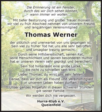 Traueranzeige von Thomas Werner von Südthüringer Presse