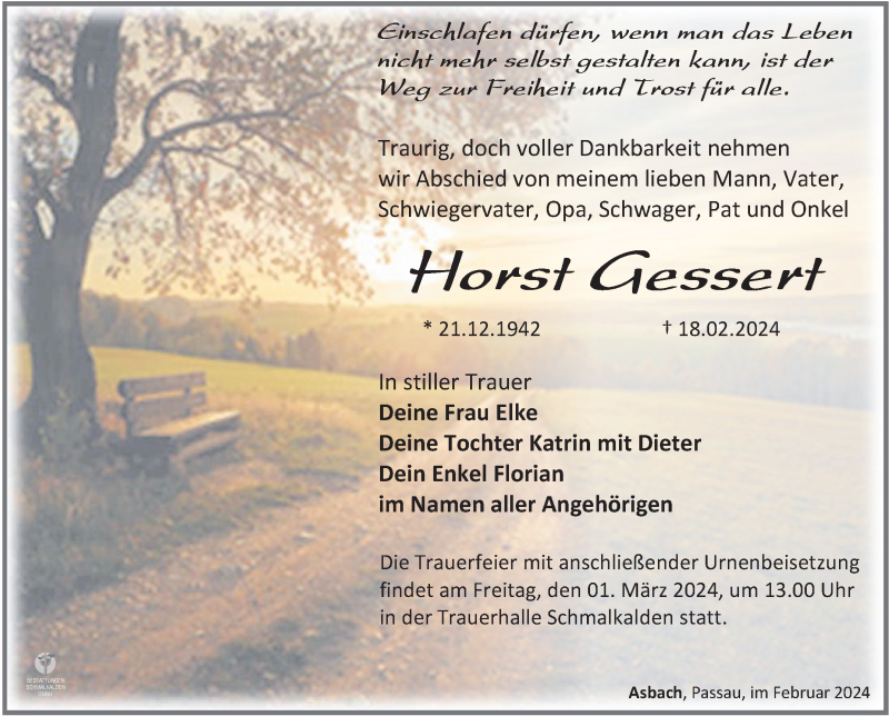  Traueranzeige für Horst Gessert vom 24.02.2024 aus Südthüringer Presse