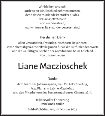 Traueranzeige von Liane Macioschek von Südthüringer Presse