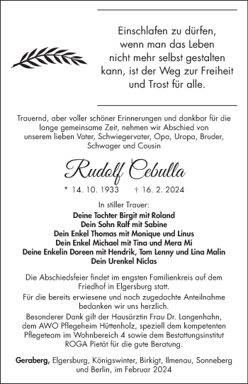 Traueranzeige von Rudolf Cebulla von Südthüringer Presse