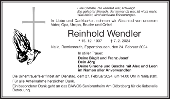 Traueranzeige von Reinhold Wendler von Frankenpost