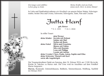 Traueranzeige von Jutta Hanf von Südthüringer Presse