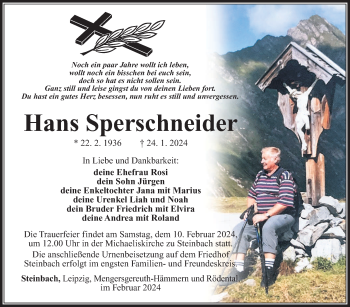 Traueranzeige von Hans Sperschneider von Südthüringer Presse
