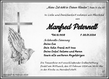 Traueranzeige von Manfred Peternell von Südthüringer Presse