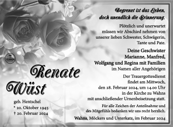 Traueranzeige von Renate Wüst von Südthüringer Presse