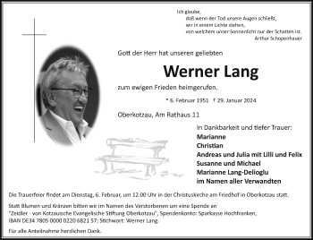 Traueranzeige von Werner Lang von Frankenpost