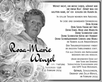 Traueranzeige von Rosa-Marie Wenzel von Südthüringer Presse