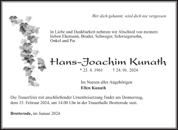 Traueranzeige von Hans-Joachim Kunath von Südthüringer Presse