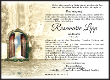 Traueranzeige von Rosemarie Lipp von Südthüringer Presse