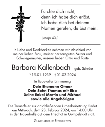 Traueranzeige von Barbara Kallenbach von Südthüringer Presse