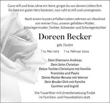Traueranzeige von Doreen Becker von Südthüringer Presse