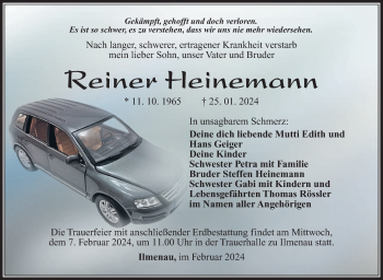 Traueranzeige von Reiner Heinemann von Südthüringer Presse