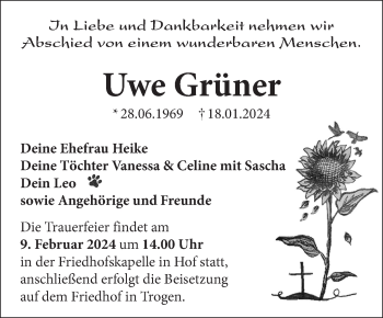 Traueranzeige von Uwe Grüner von Frankenpost