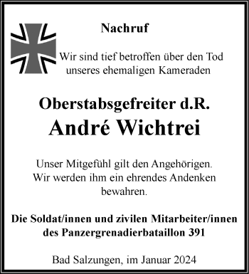 Traueranzeige von Andre Wichtrei von Südthüringer Presse