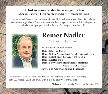 Traueranzeige von Reiner Nadler von Südthüringer Presse