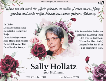 Traueranzeige von Sally Hollatz von Südthüringer Presse
