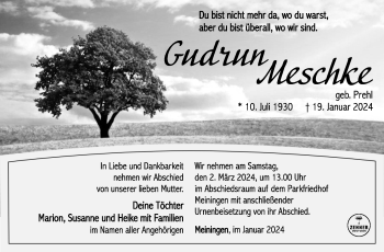 Traueranzeige von Gudrun Meschke von Südthüringer Presse