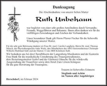 Traueranzeige von Ruth Unbehaun von Südthüringer Presse