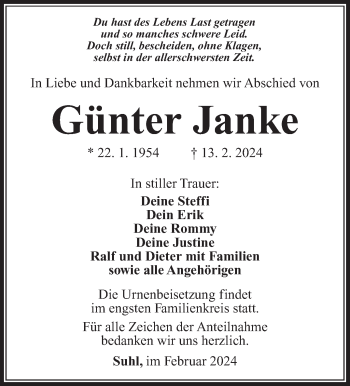 Traueranzeige von Günter Janke von Südthüringer Presse