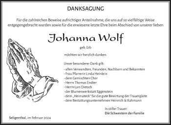 Traueranzeige von Johanna Wolf von Südthüringer Presse