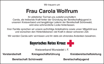 Traueranzeige von Carola Wolfrum von Frankenpost