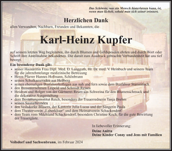 Traueranzeige von Karl-Heinz Kupfer von Südthüringer Presse