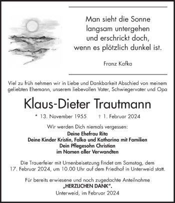 Traueranzeige von Klaus-Dieter Trautmann von Südthüringer Presse