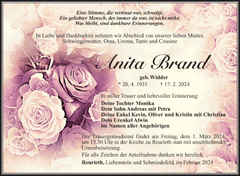 Traueranzeige von Anita Brand von Südthüringer Presse