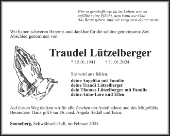Traueranzeige von Traudel Lützelberger von Südthüringer Presse